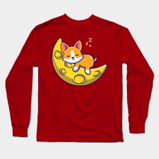 Cute Corgi Dog Sleeping On The Moon Cartoon Long Sleeve T-Shirt